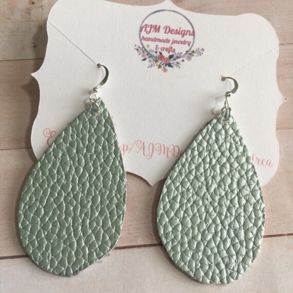 Faux leather hand cut teardrop green earrings